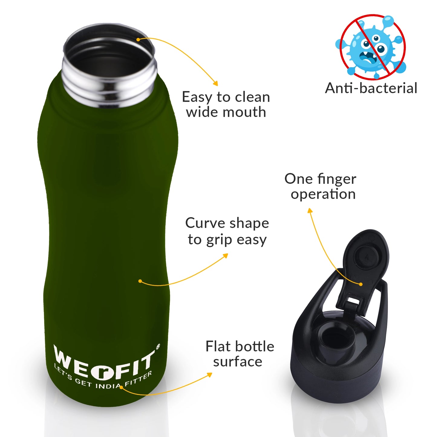 WErFIT Stainless Steel Water Bottle for Gym Park Cycling Yoga Office School Sports 900 ml Shaker (Pack of 1, Green, Steel)