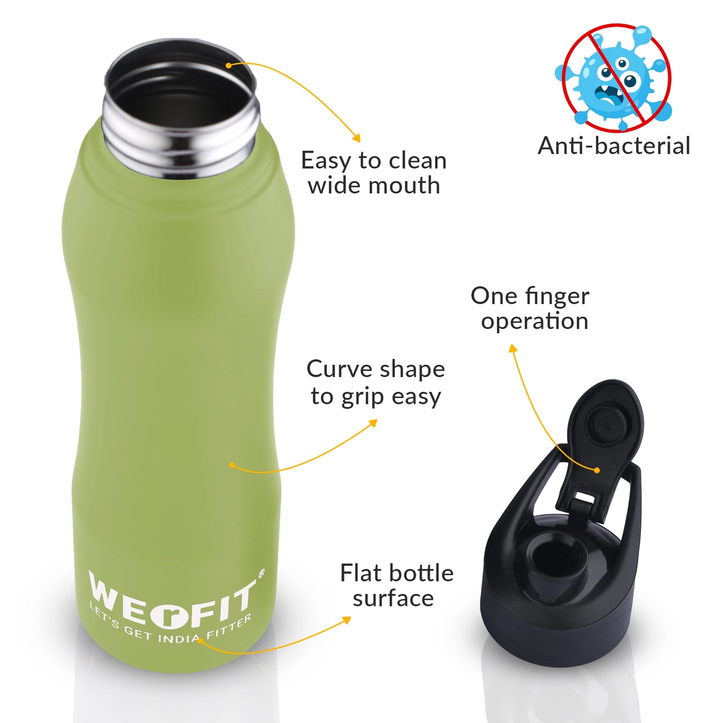 WErFIT Stainless Steel Water Bottle for Gym Park Cycling Yoga Office School Sports 900 ml Shaker (Pack of 1, Green, Steel)