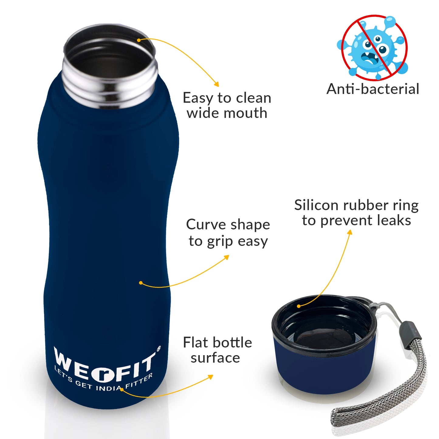 WErFIT Stainless Steel Water Bottle for Gym Park Cycling Yoga Office School Sports 900 ml Shaker (Pack of 1, Blue, Steel)
