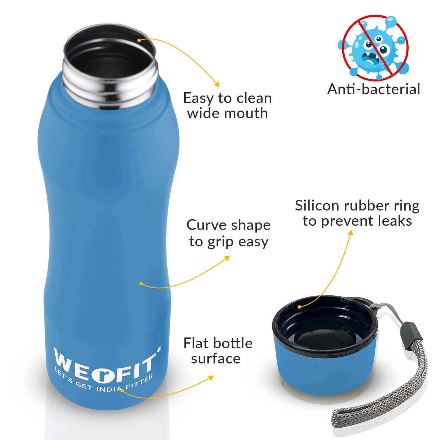 WErFIT Stainless Steel Water Bottle for Gym Park Cycling Yoga Office School Sports 900 ml Shaker (Pack of 1, Blue, Steel)