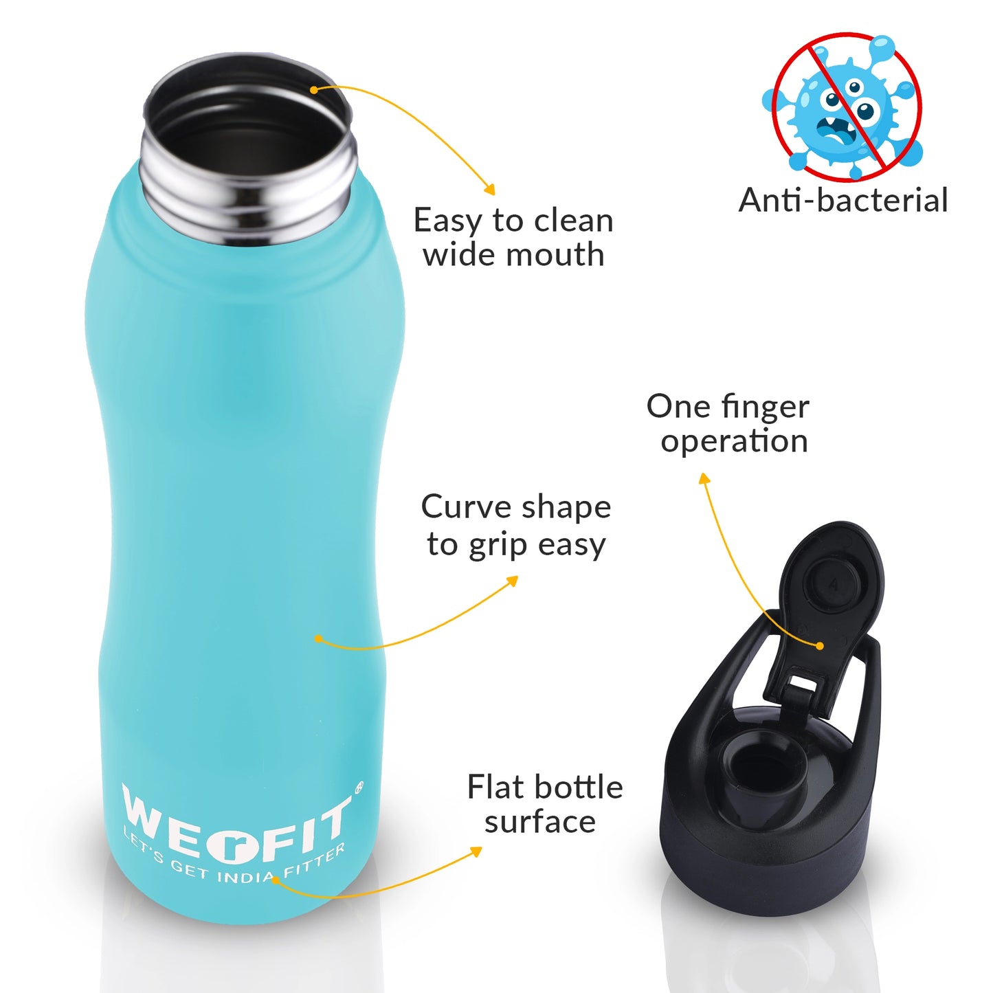 WErFIT Stainless Steel Water Bottle for Gym Park Cycling Yoga Office School Sports 900 ml Shaker (Pack of 1, Blue, Steel)