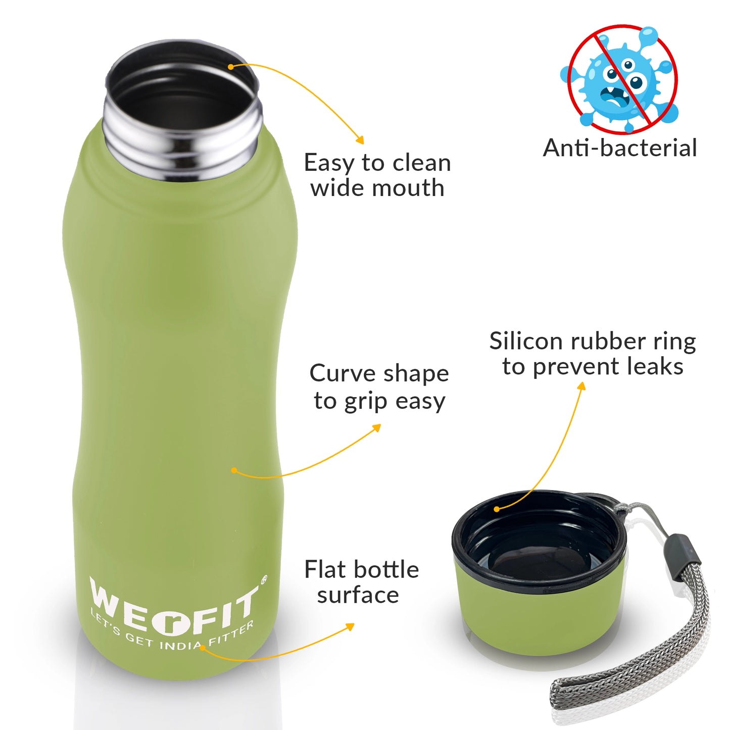 WErFIT Stainless Steel Water Bottle for Gym Park Cycling Yoga Office School Sports 900 ml Shaker (Pack of 1, Green, Steel)