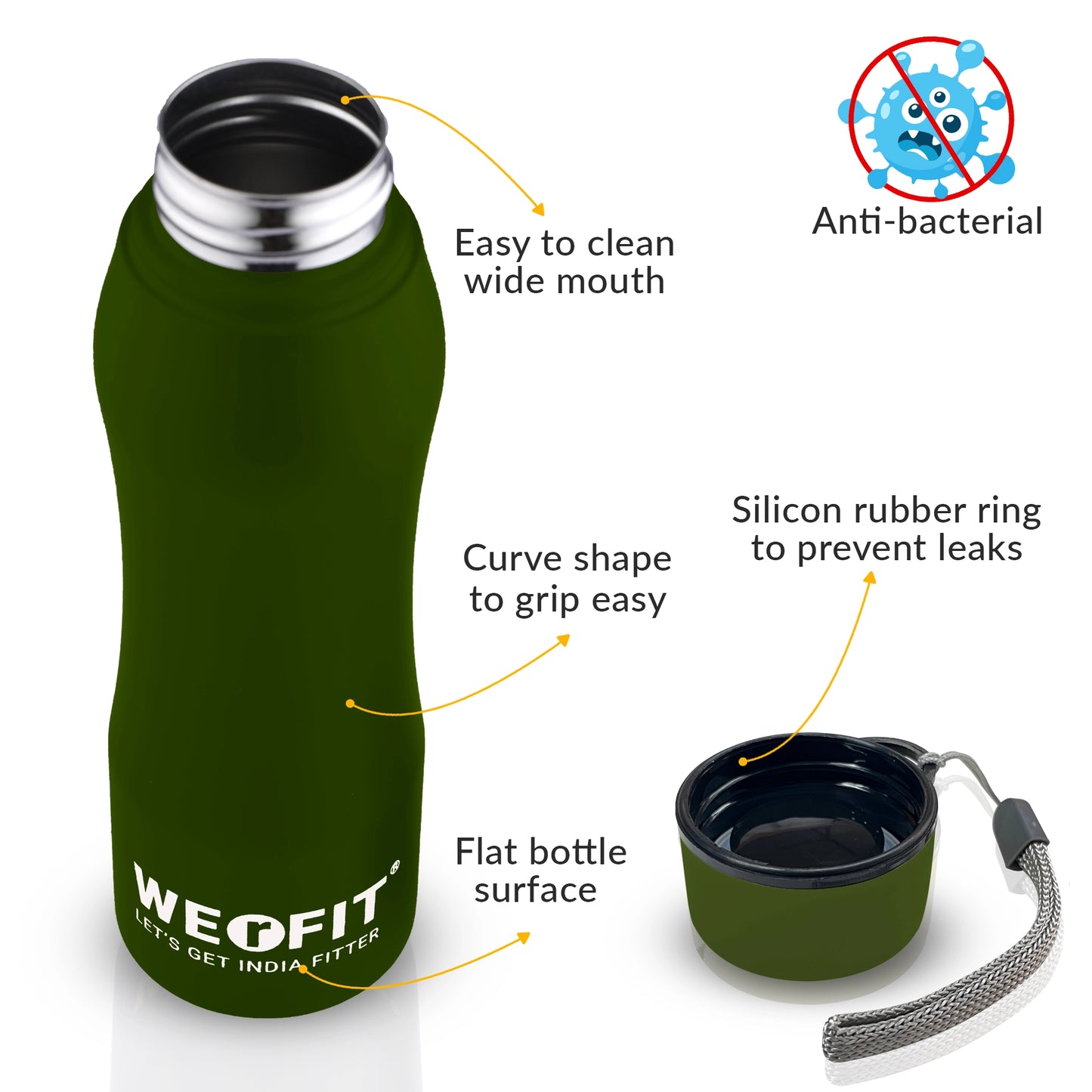 WErFIT Stainless Steel Sports Water Bottle for Gym Park Cycling Yoga Office School 750 ml Bottle (Pack of 1, Green, Steel)