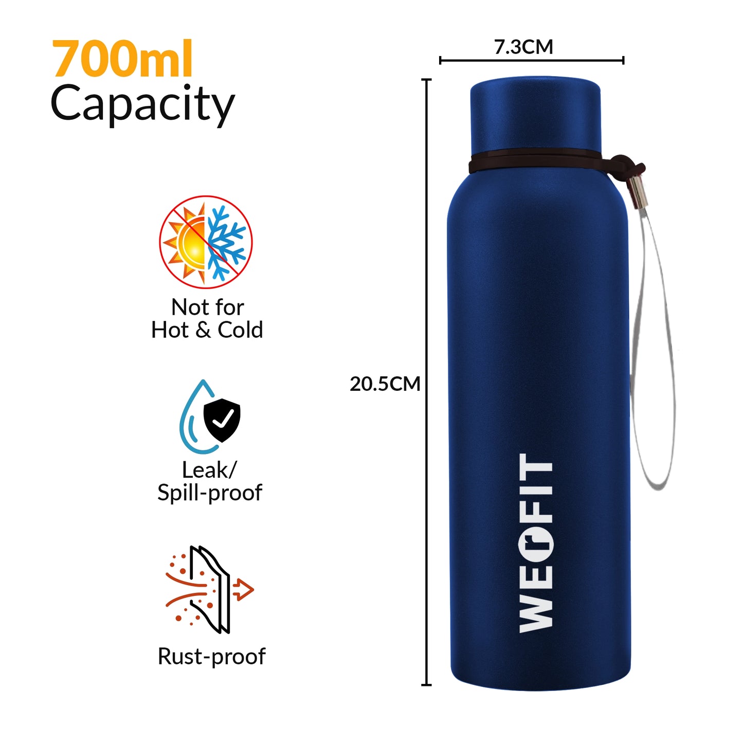 WErFIT Steel Water Bottle for Sports, Hiking, Home, Gym, Office, School, Carrying Strap 700 ml Shaker (Pack of 1, Blue, Steel)