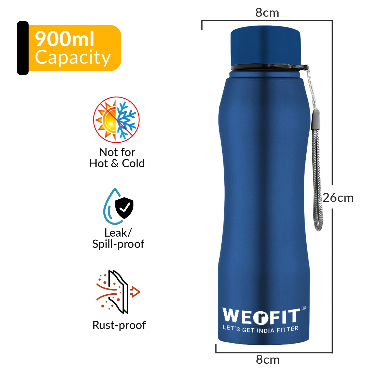WErFIT Stainless Steel Water Bottle for Gym Park Cycling Yoga Office School Sports 900 ml Shaker (Pack of 1, Blue, Steel)