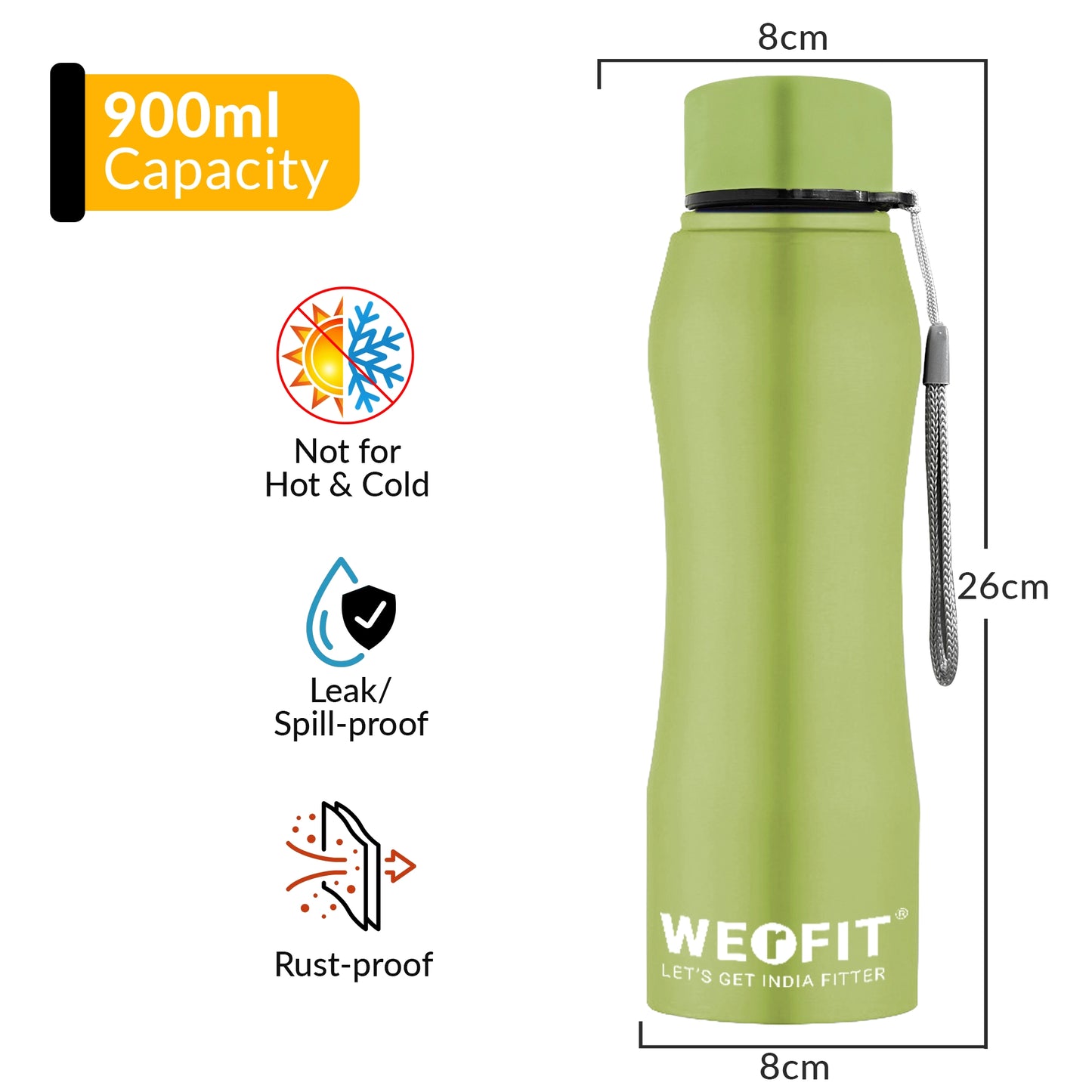 WErFIT Stainless Steel Water Bottle for Gym Park Cycling Yoga Office School Sports 900 ml Shaker (Pack of 1, Green, Steel)