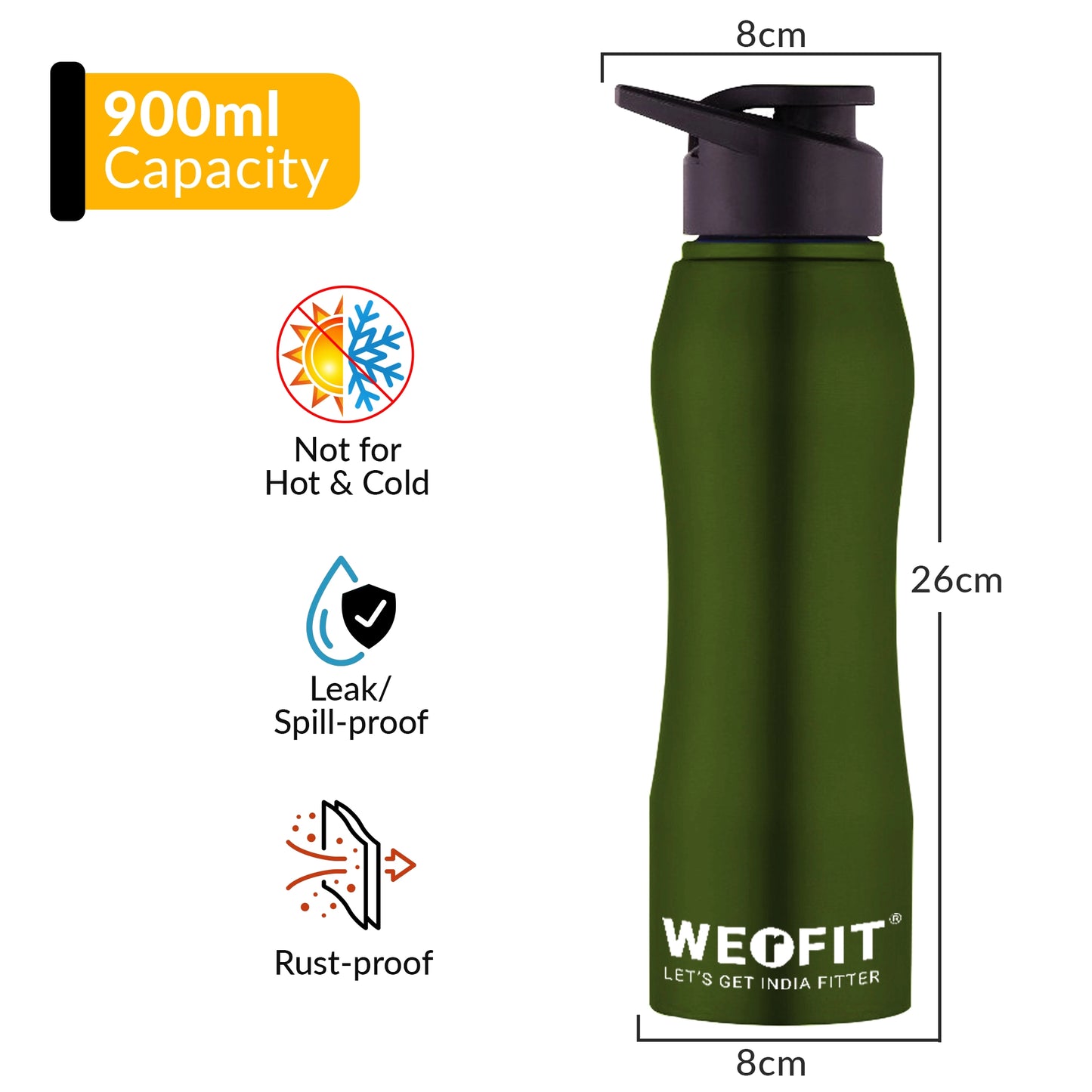 WErFIT Stainless Steel Water Bottle for Gym Park Cycling Yoga Office School Sports 900 ml Shaker (Pack of 1, Green, Steel)