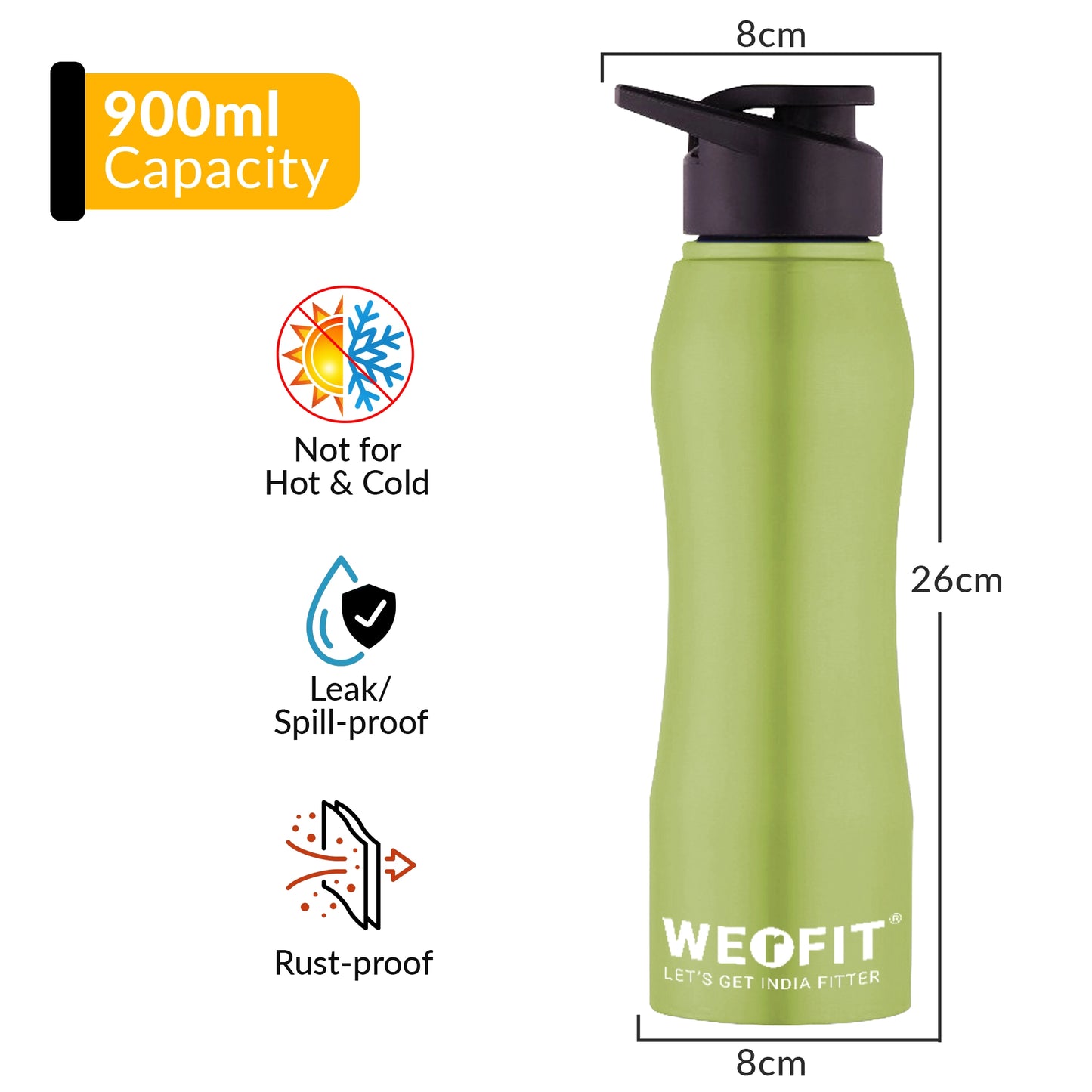 WErFIT Stainless Steel Water Bottle for Gym Park Cycling Yoga Office School Sports 900 ml Shaker (Pack of 1, Green, Steel)