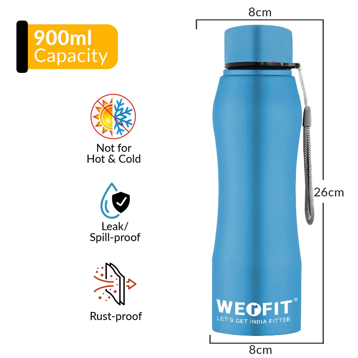 WErFIT Stainless Steel Water Bottle for Gym Park Cycling Yoga Office School Sports 900 ml Shaker (Pack of 1, Blue, Steel)