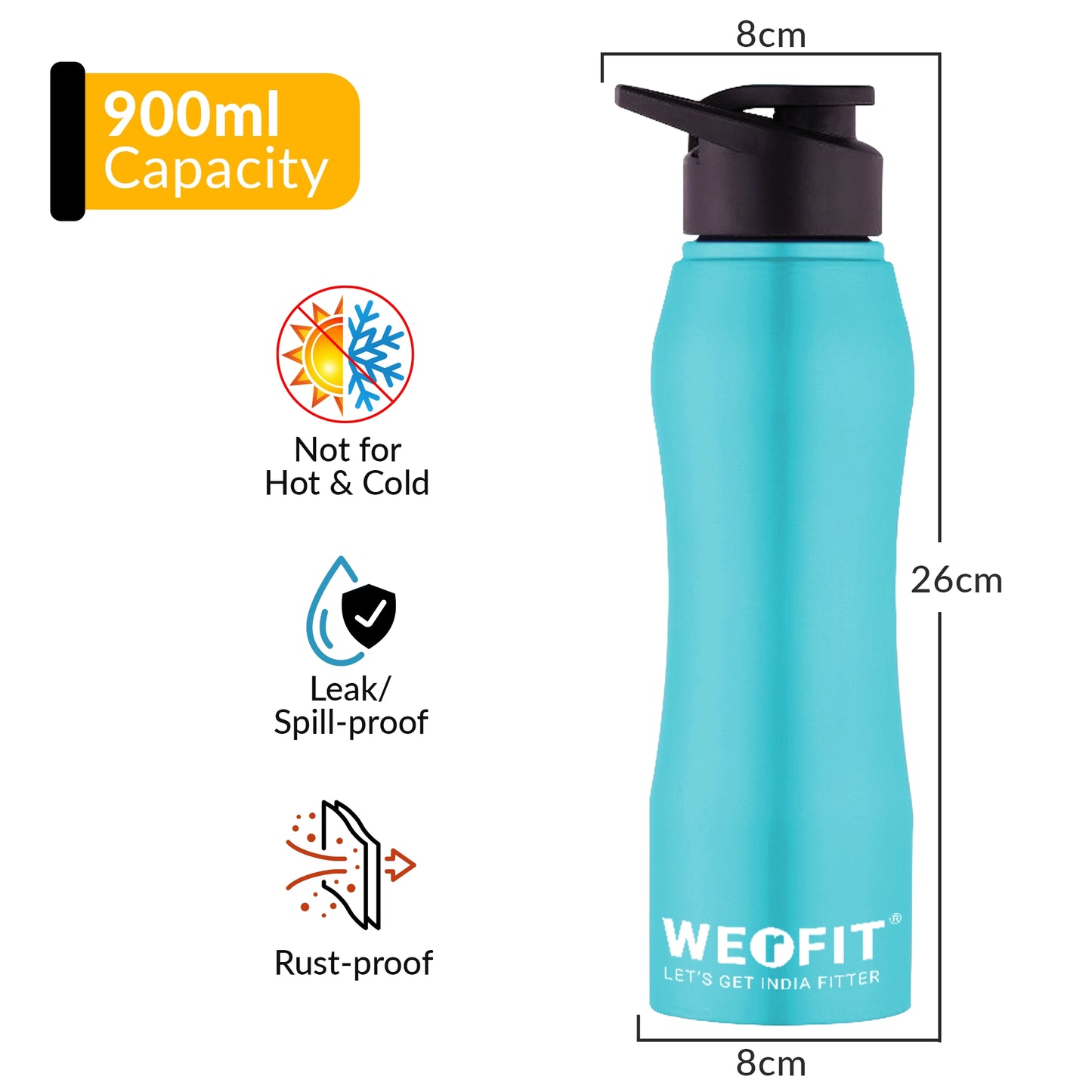 WErFIT Stainless Steel Water Bottle for Gym Park Cycling Yoga Office School Sports 900 ml Shaker (Pack of 1, Blue, Steel)