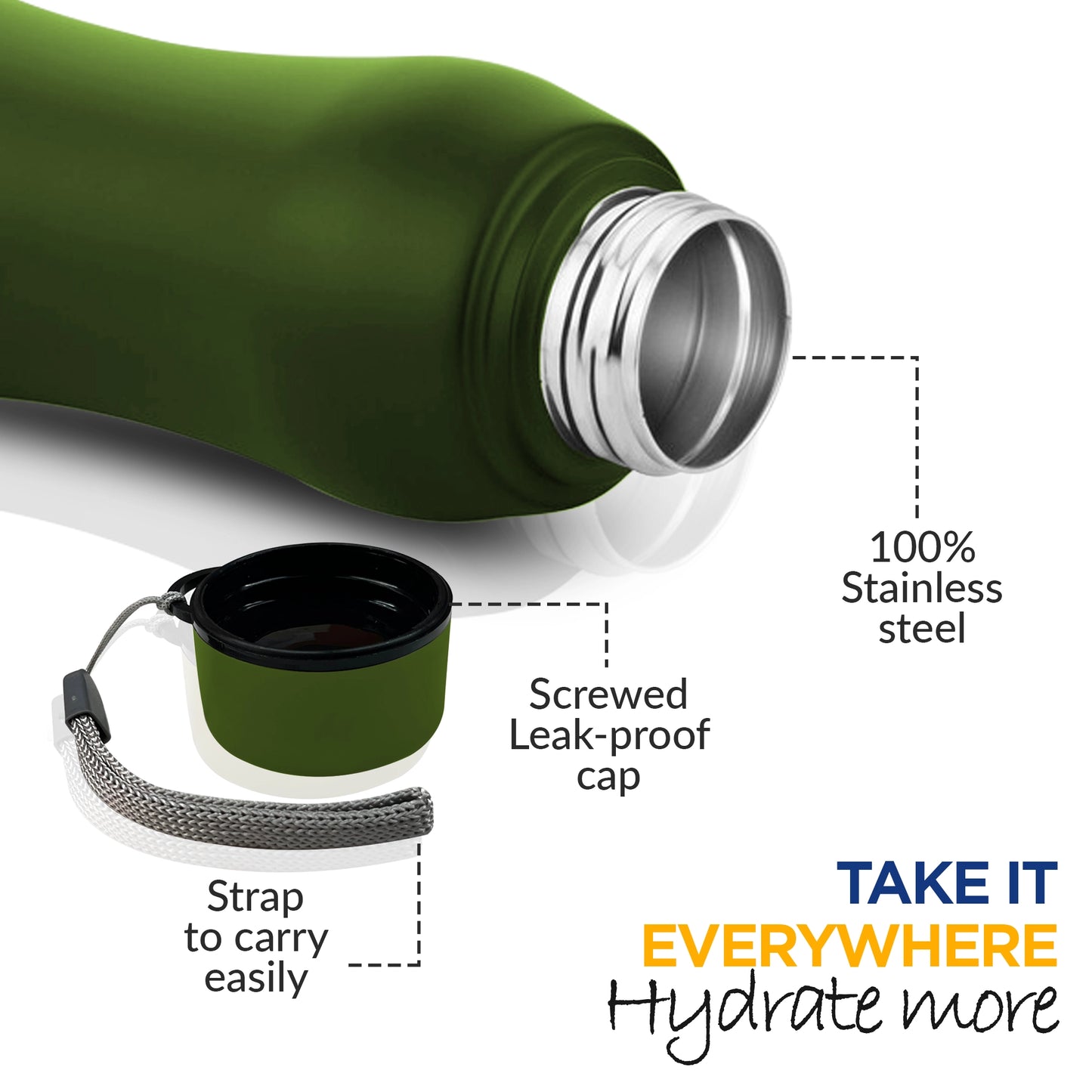 WErFIT Stainless Steel Sports Water Bottle for Gym Park Cycling Yoga Office School 750 ml Bottle (Pack of 1, Green, Steel)
