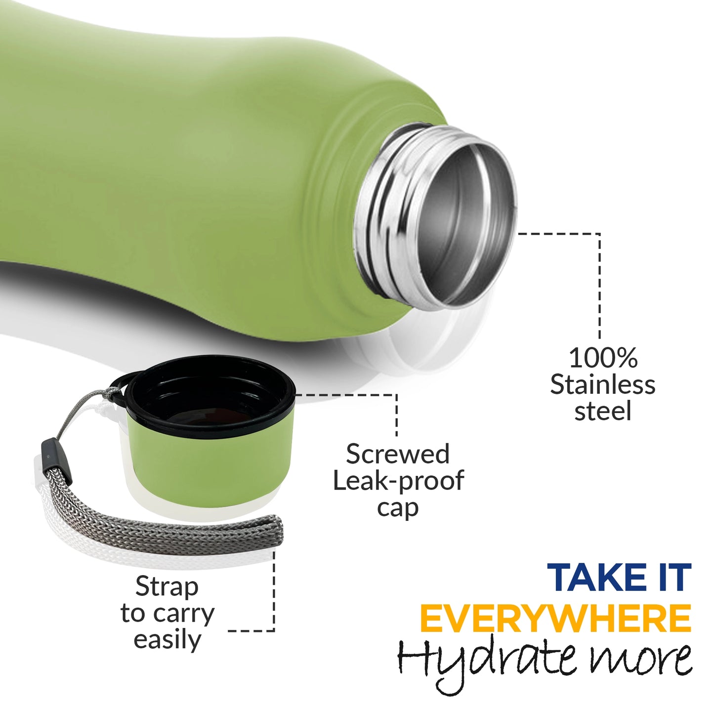 WErFIT Stainless Steel Water Bottle for Gym Park Cycling Yoga Office School Sports 900 ml Shaker (Pack of 1, Green, Steel)