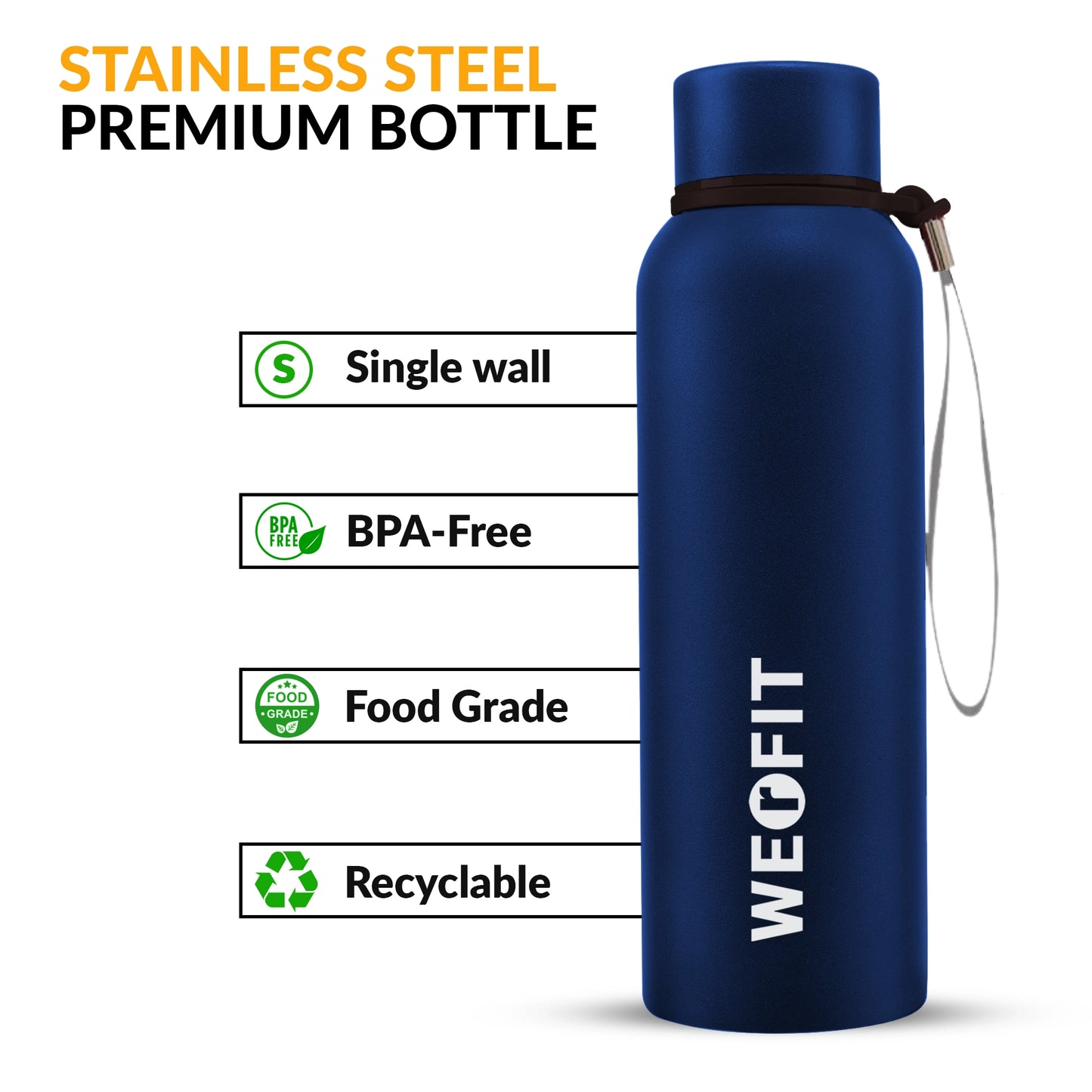 WErFIT Steel Water Bottle for Sports, Hiking, Home, Gym, Office, School, Carrying Strap 700 ml Shaker (Pack of 1, Blue, Steel)