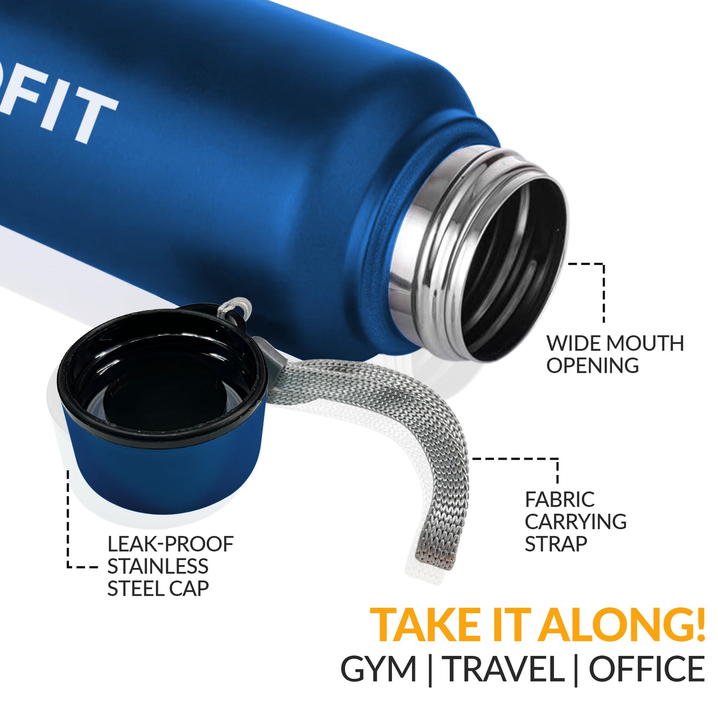 WErFIT Steel Water Bottle for Sports, Hiking, Home, Gym, Office, School, Carrying Strap 700 ml Shaker (Pack of 1, Blue, Steel)