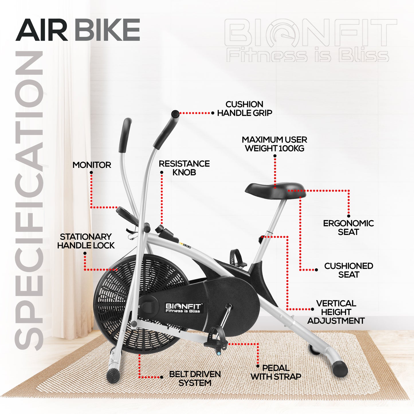 Bionfit ON01CM 100kg Max Weight Curved Moving Handle Air Bike - Full Body Workout - 2 Year Warranty