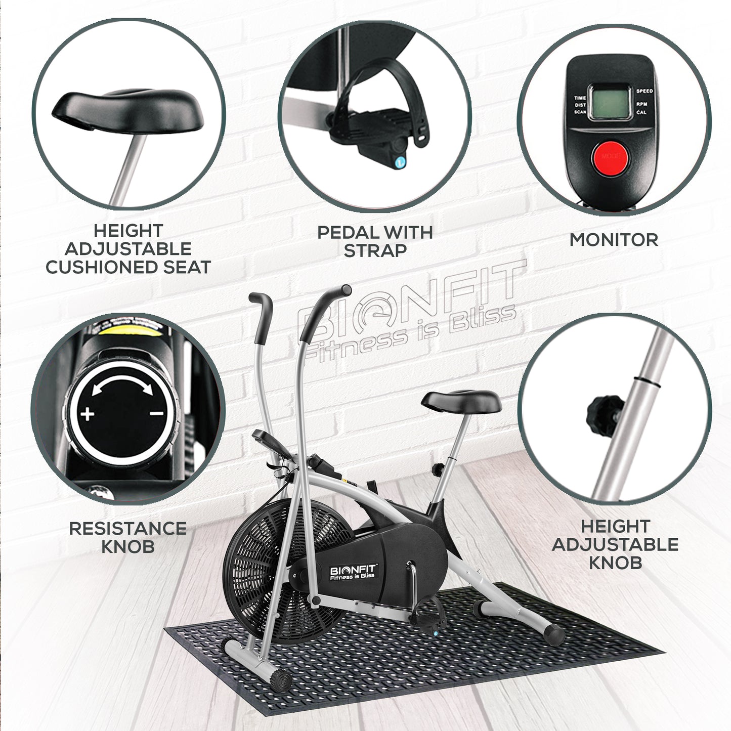 Bionfit ON01CM 100kg Max Weight Curved Moving Handle Air Bike - Full Body Workout - 2 Year Warranty