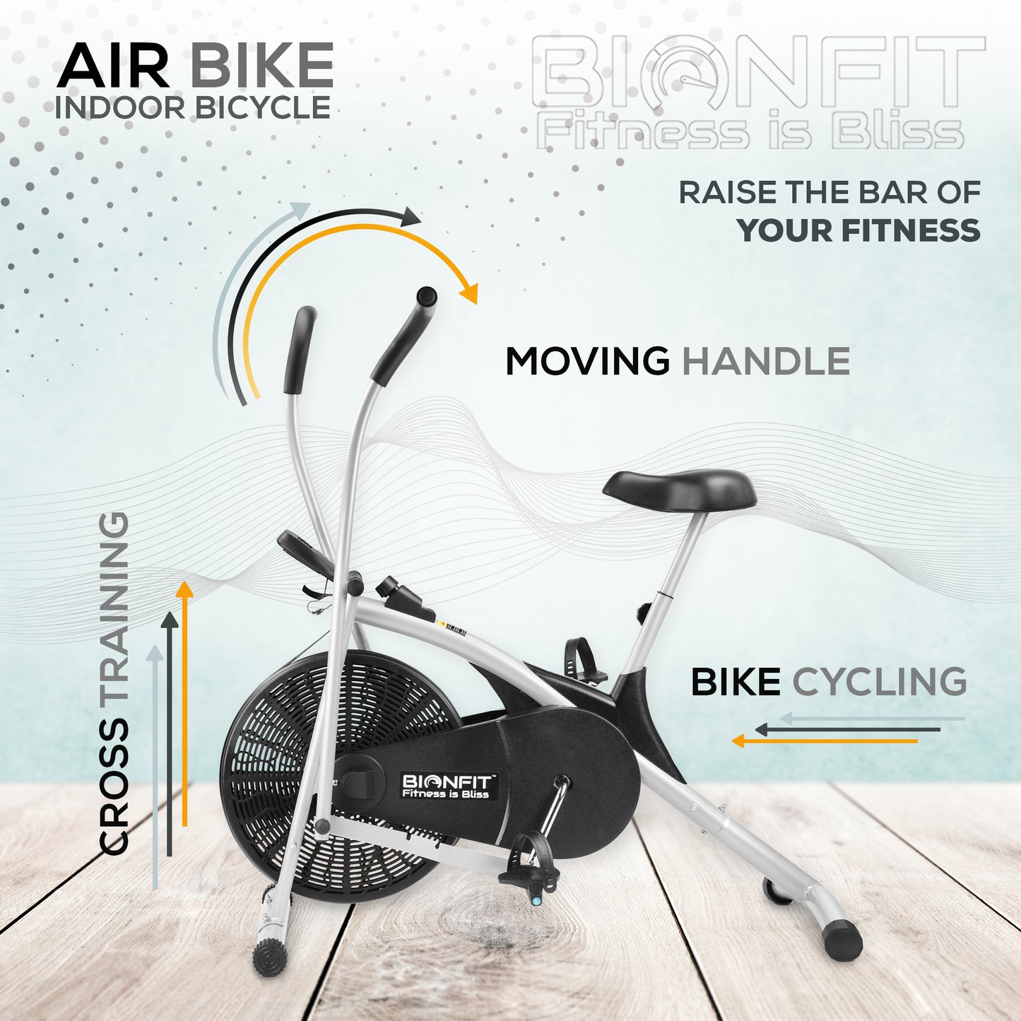 Bionfit ON01CM 100kg Max Weight Curved Moving Handle Air Bike - Full Body Workout - 2 Year Warranty