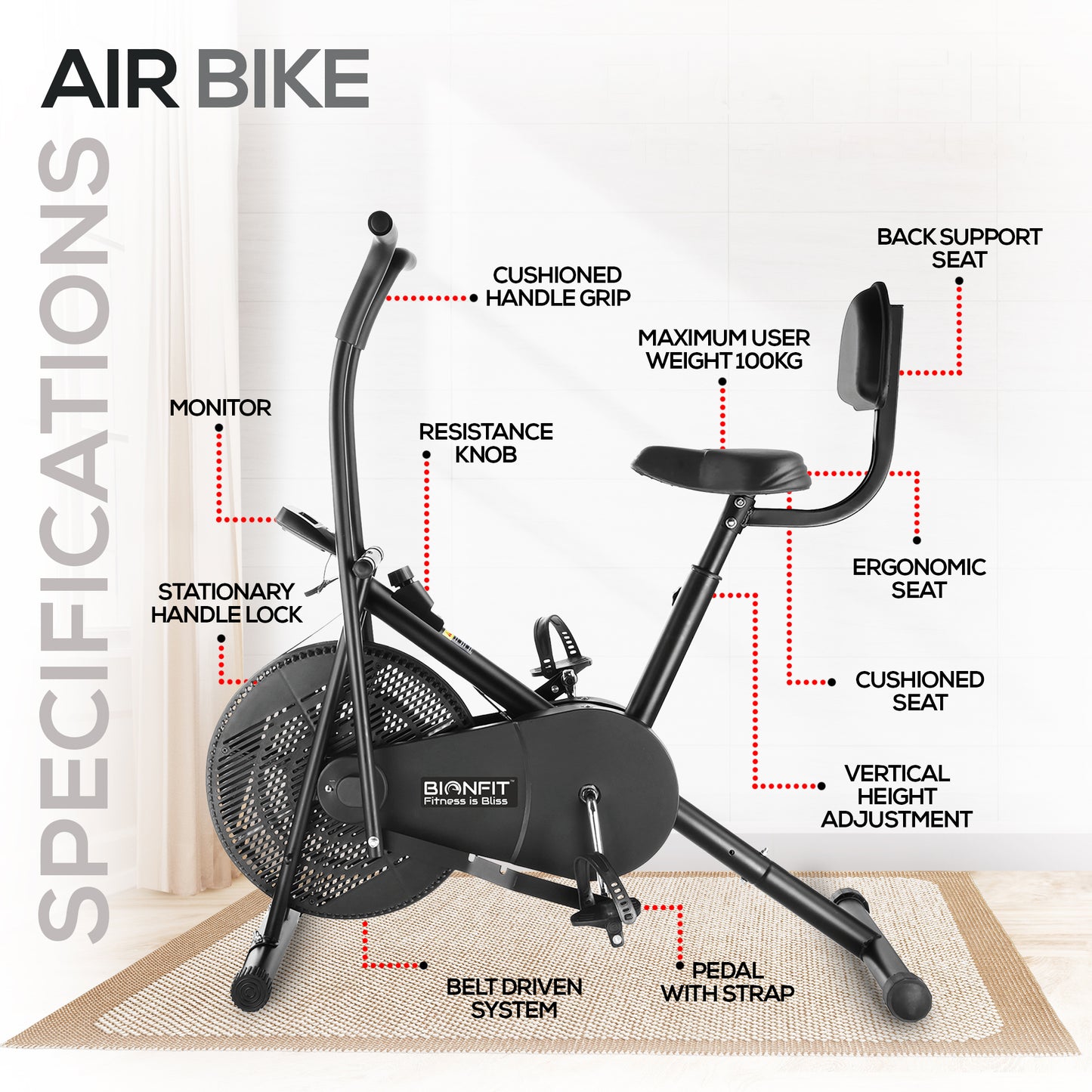 Bionfit ON02M 100kg Weight Capacity Moving Handle Air Bike with Back Support - Low Impact, Full-Body Workout - 2 Year Warranty