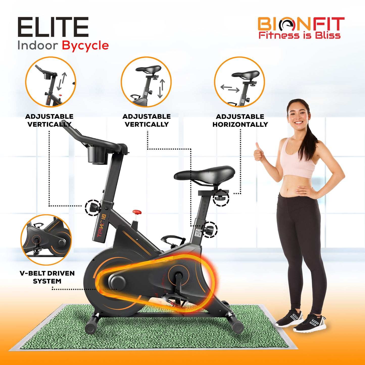 BIONFIT ELITE Spin Bike: Home & Gym Fitness with 6kg Flywheel (Black)