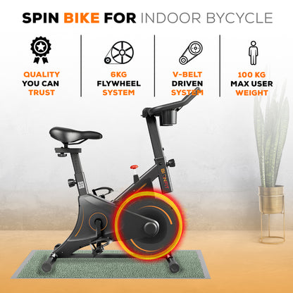 BIONFIT ELITE Spin Bike: Home & Gym Fitness with 6kg Flywheel (Black)