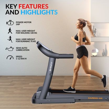 BIONFIT CARDIO-X4 Running Machine for Home Gym | 3HP Peak Motorized Max Weight: 100 Kg Treadmill