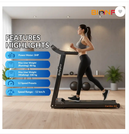 BIONFIT CARDIO-X2 Treadmills for Home | Foldable Running Machine, 3 HP Peak Motorized Treadmill (Max Weight:100 kg)