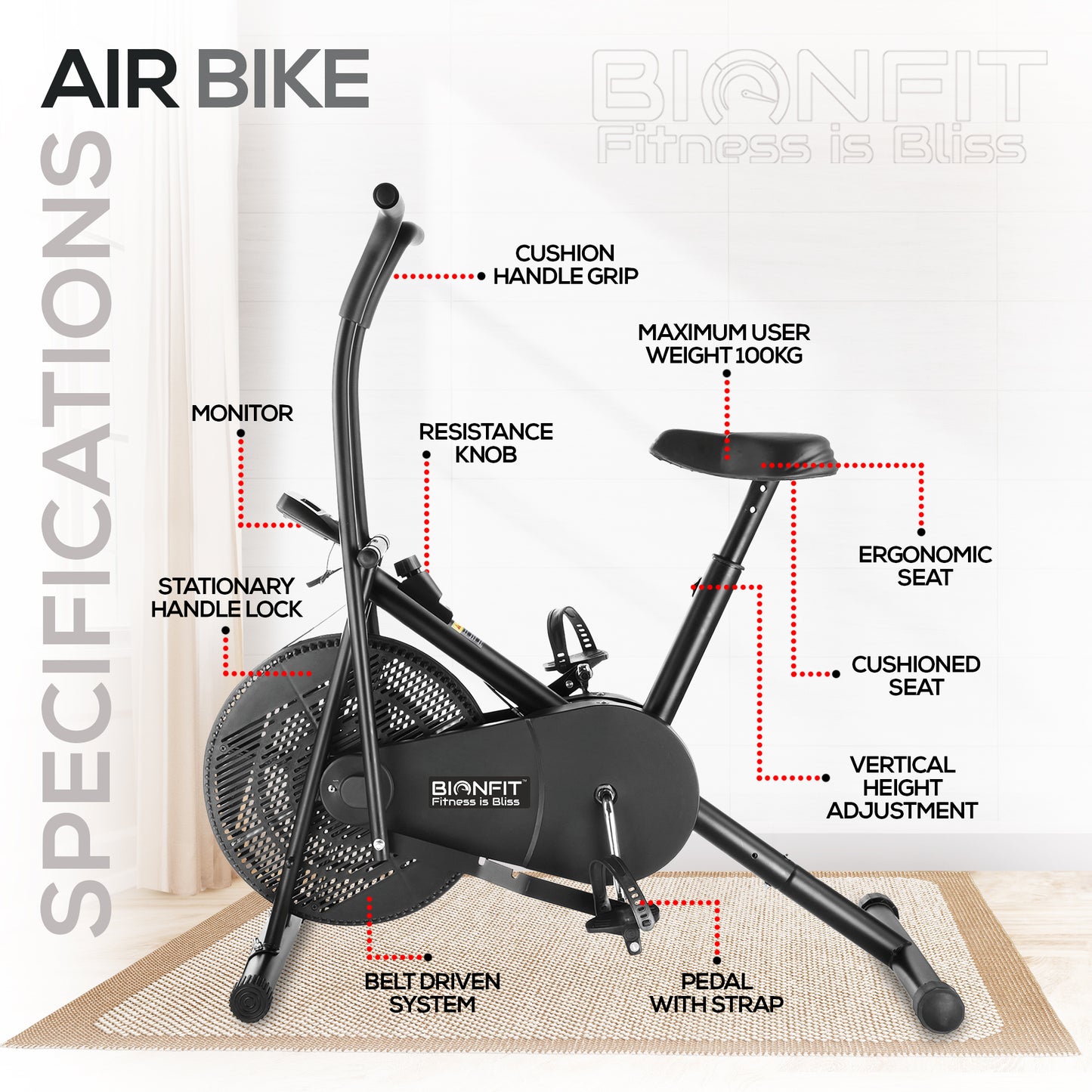 Bionfit ON01M 100kg Weight Capacity Moving Handle Air Bike - Low Impact, Full-Body Workout