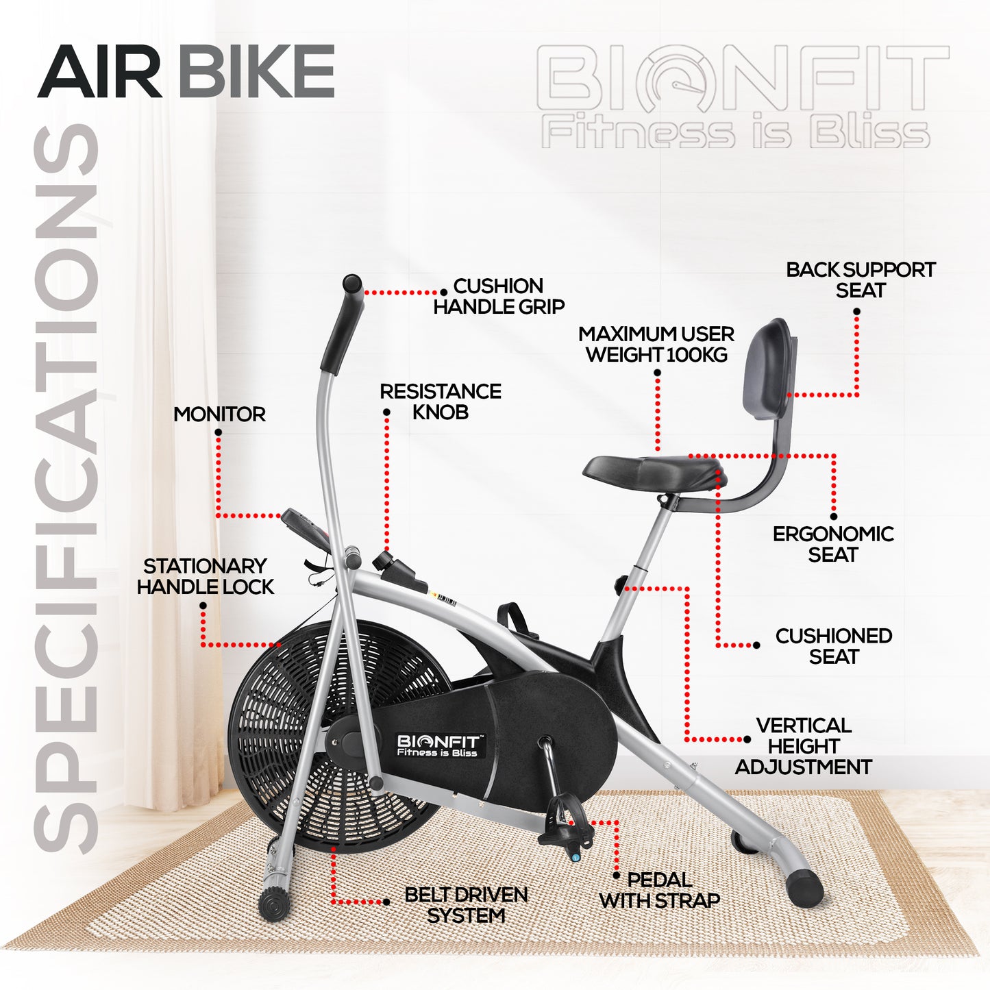 Bionfit ON02CM Curved Moving Handle Air Bike with Back Support - 100kg Max User Weight