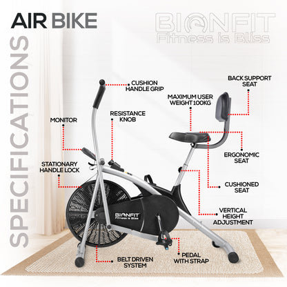 Bionfit ON02CM Curved Moving Handle Air Bike with Back Support - 100kg Max User Weight - 2 Year Warranty