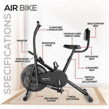 Bionfit ON02M 100kg Weight Capacity Moving Handle Air Bike with Back Support - Low Impact, Full-Body Workout