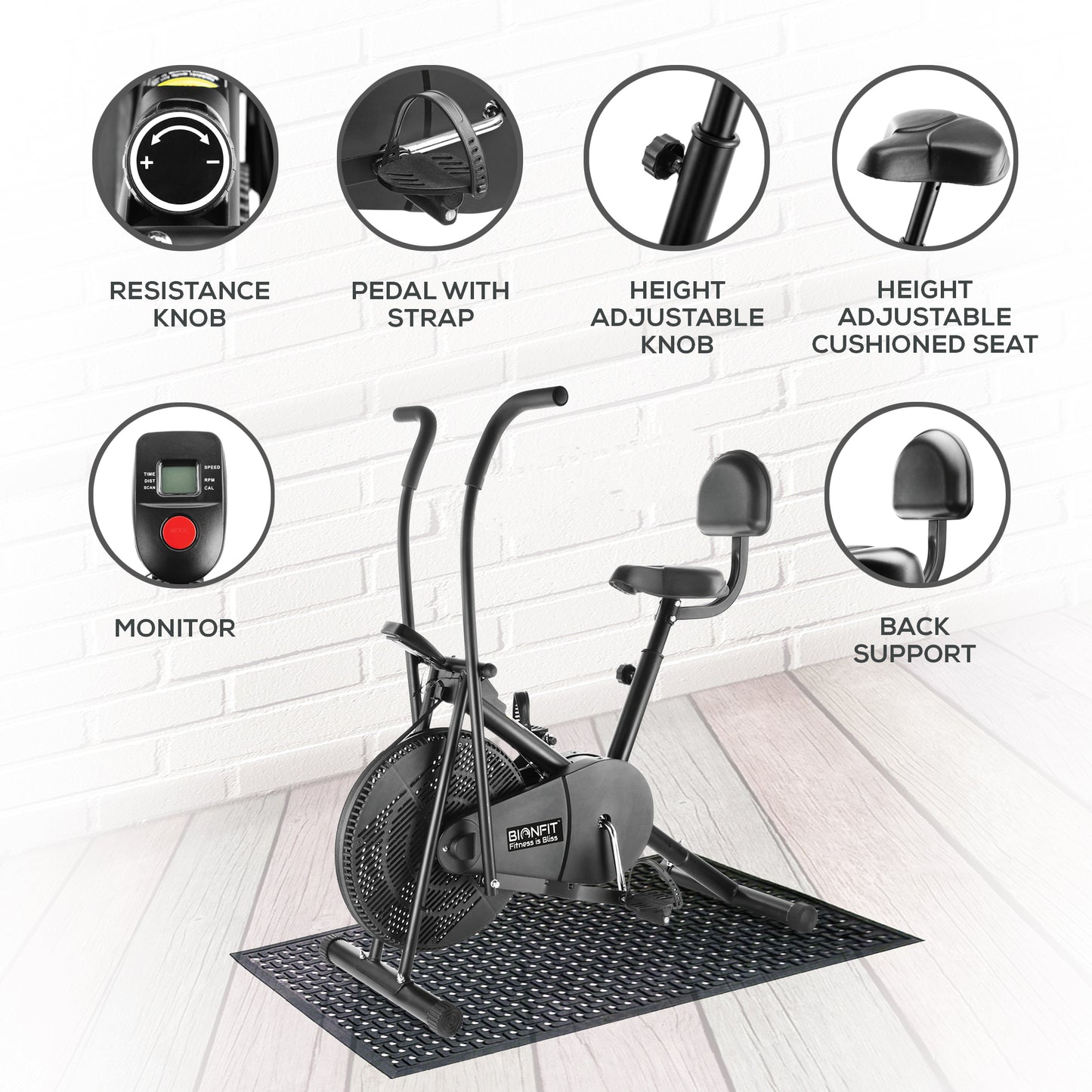 Bionfit ON02M 100kg Weight Capacity Moving Handle Air Bike with Back Support - Low Impact, Full-Body Workout