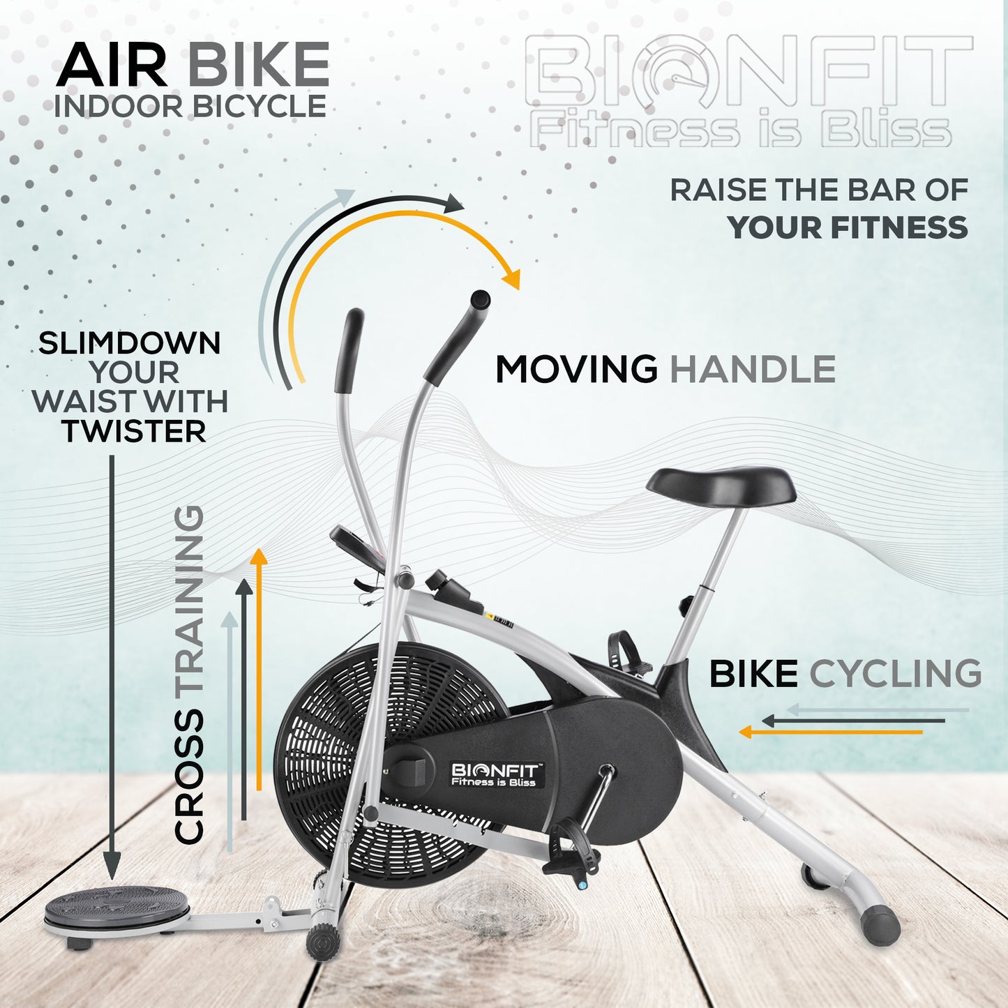 Bionfit ON03CM Curved Moving Handle Air Bike with Twister - The Next Generation of Cardio Fitness Equipment