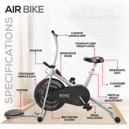 Bionfit ON03F 100kg Max Weight Fixed-Handle Air Bike with Twister Feature