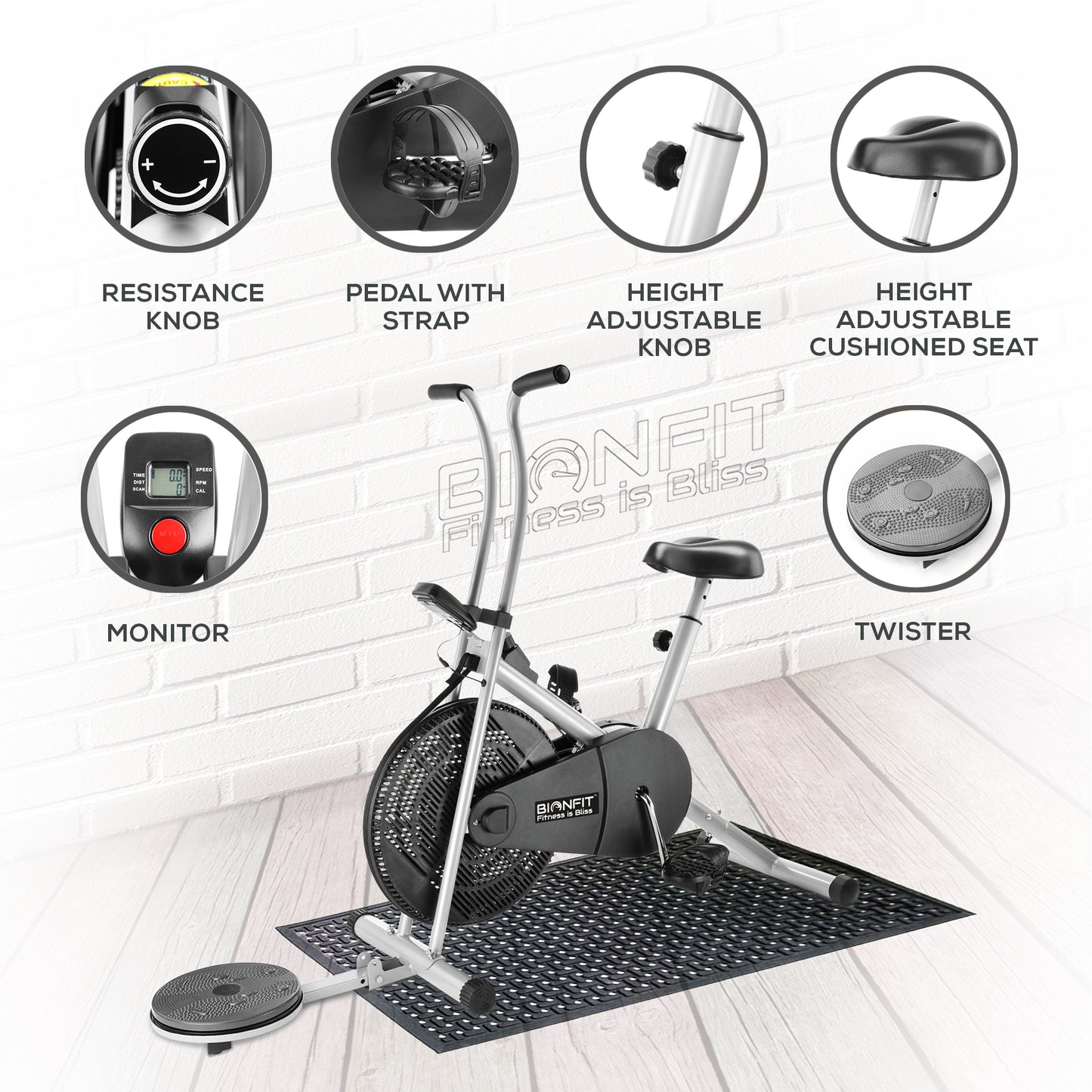 Bionfit ON03F 100kg Max Weight Fixed-Handle Air Bike with Twister Feature