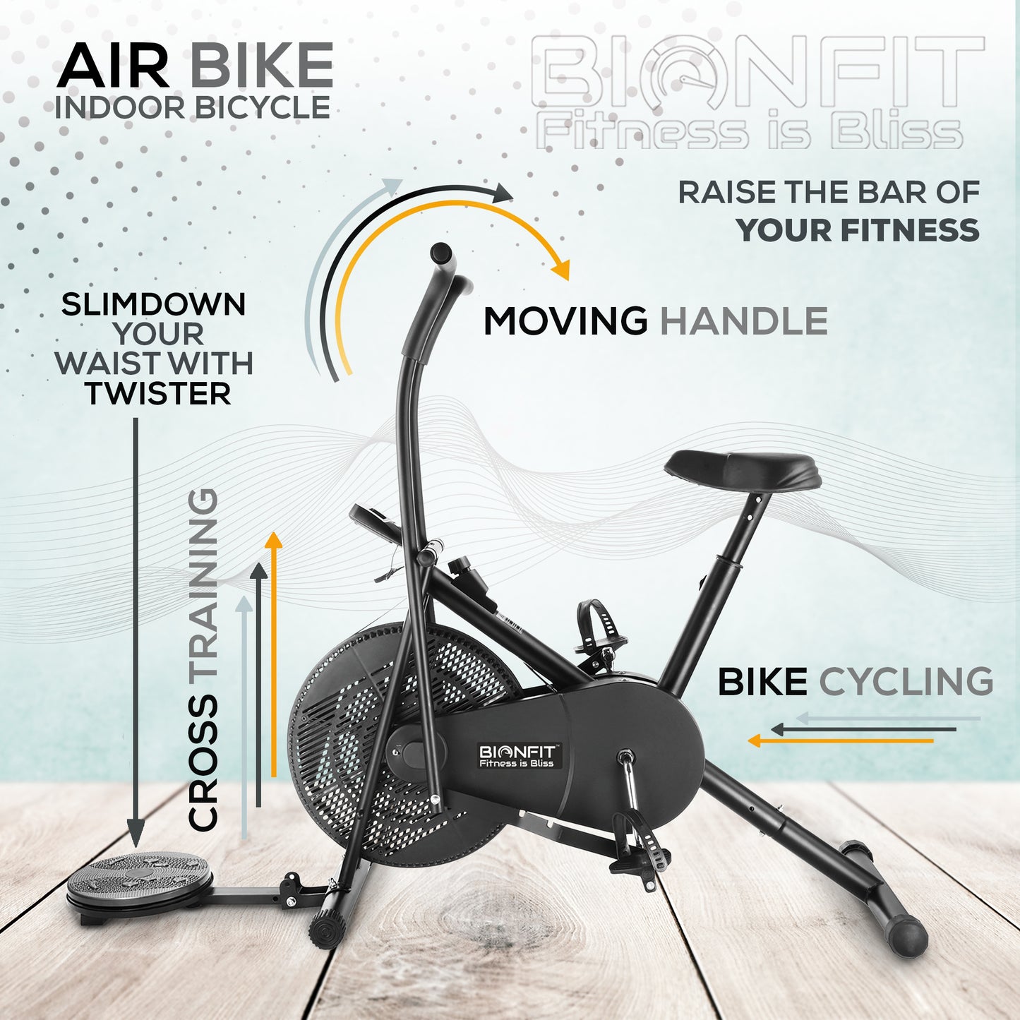 Bionfit ON03M Air Bike Indoor Exercise Cycle for Home with Moving Handle, Twister