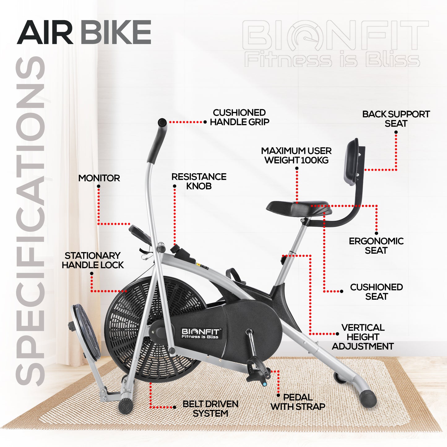 Bionfit ON04CM Curved Moving Handle Air Bike with Back Support and Twister - The Ultimate in Cardio Fitness Equipment