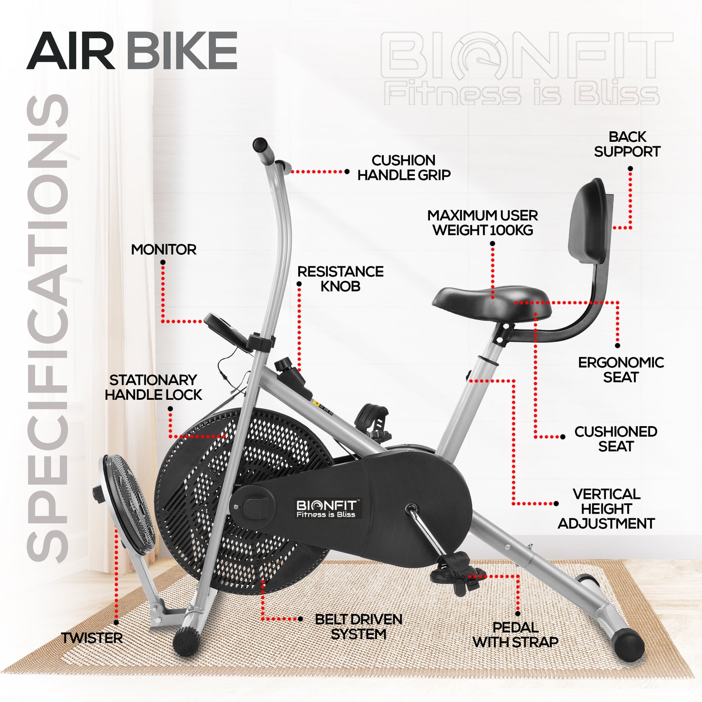 Bionfit ON04F Full-Body Cardio and Strength Workout Air Bike with Fixed Handlebars, Back Support, and Twister - Durable and Adjustable for all Fitness Levels