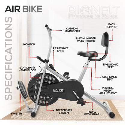 Bionfit ON04F Full-Body Cardio and Strength Workout Air Bike with Fixed Handlebars, Back Support, and Twister - Durable and Adjustable for all Fitness Levels - 2 Year Warranty