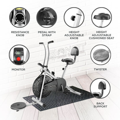 Bionfit ON04F Full-Body Cardio and Strength Workout Air Bike with Fixed Handlebars, Back Support, and Twister - Durable and Adjustable for all Fitness Levels