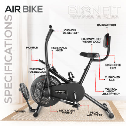 Bionfit ON04M Full-Body Workout Air Bike with Moving Handlebars, Back Support, and Twister - Durable and Adjustable for all Fitness Levels
