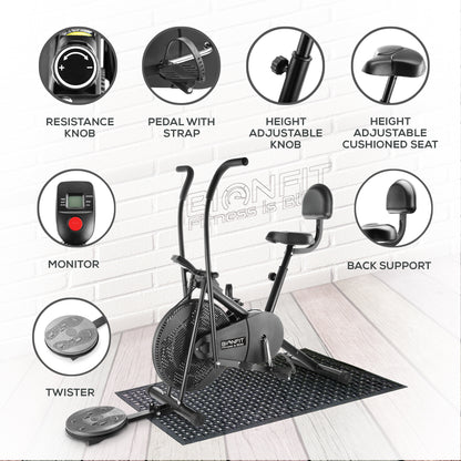 Bionfit ON04M Full-Body Workout Air Bike with Moving Handlebars, Back Support, and Twister - Durable and Adjustable for all Fitness Levels