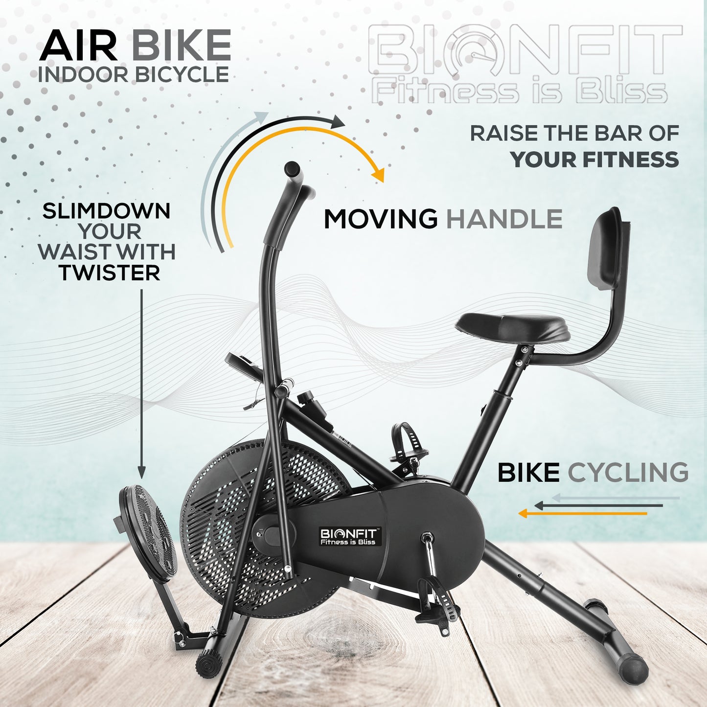 Bionfit ON04M Full-Body Workout Air Bike with Moving Handlebars, Back Support, and Twister - Durable and Adjustable for all Fitness Levels