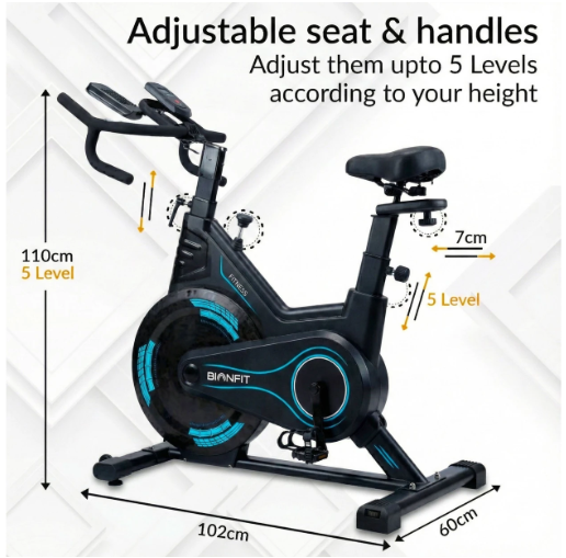 BIONFIT Magnetic Spin Bike for Home Gym Workouts | 10Kg Flywheel, Heavy Duty 170Kg Capacity | Silent Belt Drive | Adjustable Seat, Handle & LED Pulse Monitor | Cyclone-X Indoor Exercise Fitness Cycle