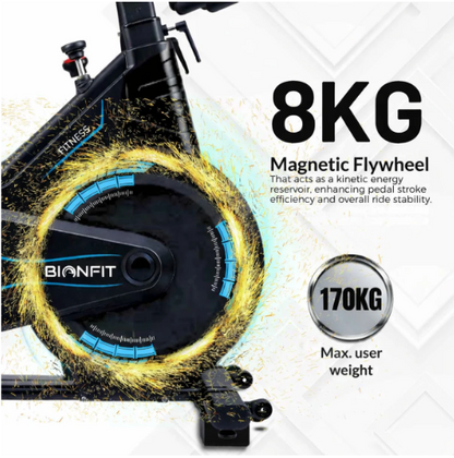 BIONFIT Magnetic Spin Bike for Home Gym Workouts | 10Kg Flywheel, Heavy Duty 170Kg Capacity | Silent Belt Drive | Adjustable Seat, Handle & LED Pulse Monitor | Cyclone-X Indoor Exercise Fitness Cycle