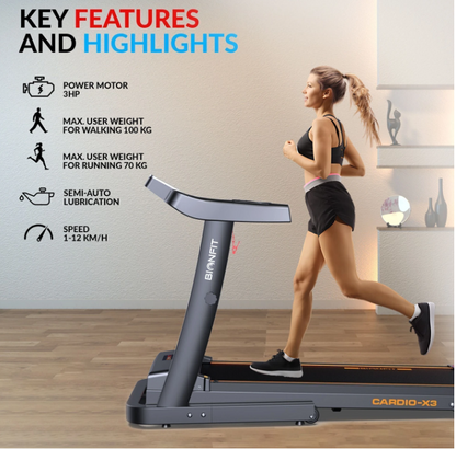 BIONFIT CARDIO-X3 Running Machine | Inbuilt Bluetooth, 3HP DC Motorized |Manual Incline Treadmill
