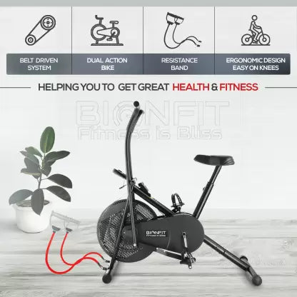 BIONFIT Moving Handle Air Bike Cycle for Home | Resistance Band & Back Support Dual-Action Stationary Exercise Bike