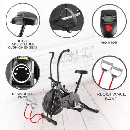 BIONFIT Moving Handle Air Bike Cycle for Home | Resistance Band & Back Support Dual-Action Stationary Exercise Bike